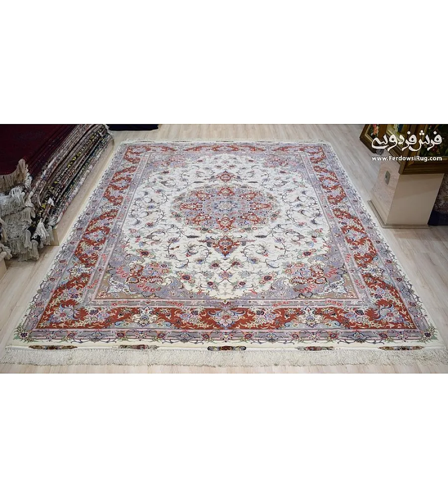 فرش دستباف تبریز 9 متری جفتی نقشه علیزاده با حاشیه مسی طرح سنتی مناسب دکوراسیون کلاسیک و لوکس
