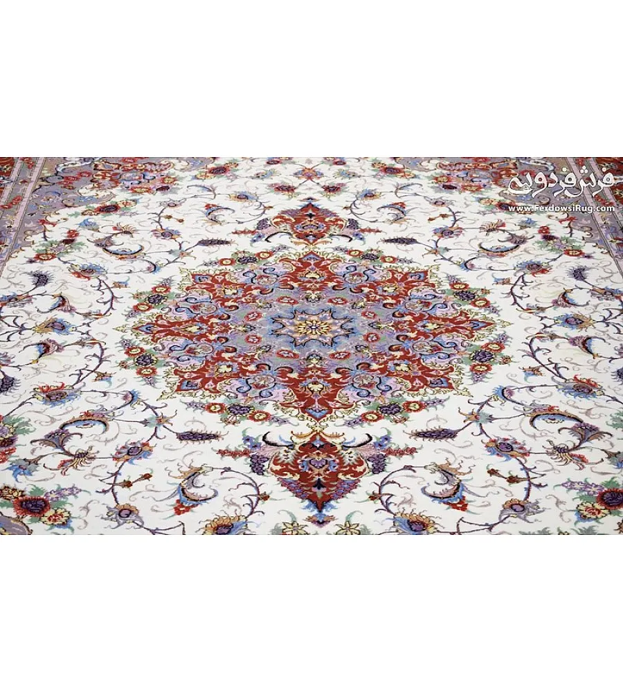 فرش دستباف تبریز 9 متری جفتی نقشه علیزاده با حاشیه مسی طرح سنتی مناسب دکوراسیون کلاسیک و لوکس