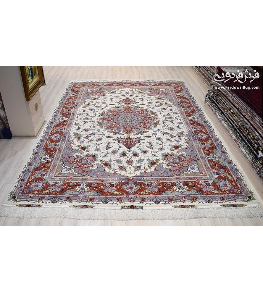 فرش دستباف تبریز 9 متری جفتی نقشه علیزاده با حاشیه مسی طرح سنتی مناسب دکوراسیون کلاسیک و لوکس