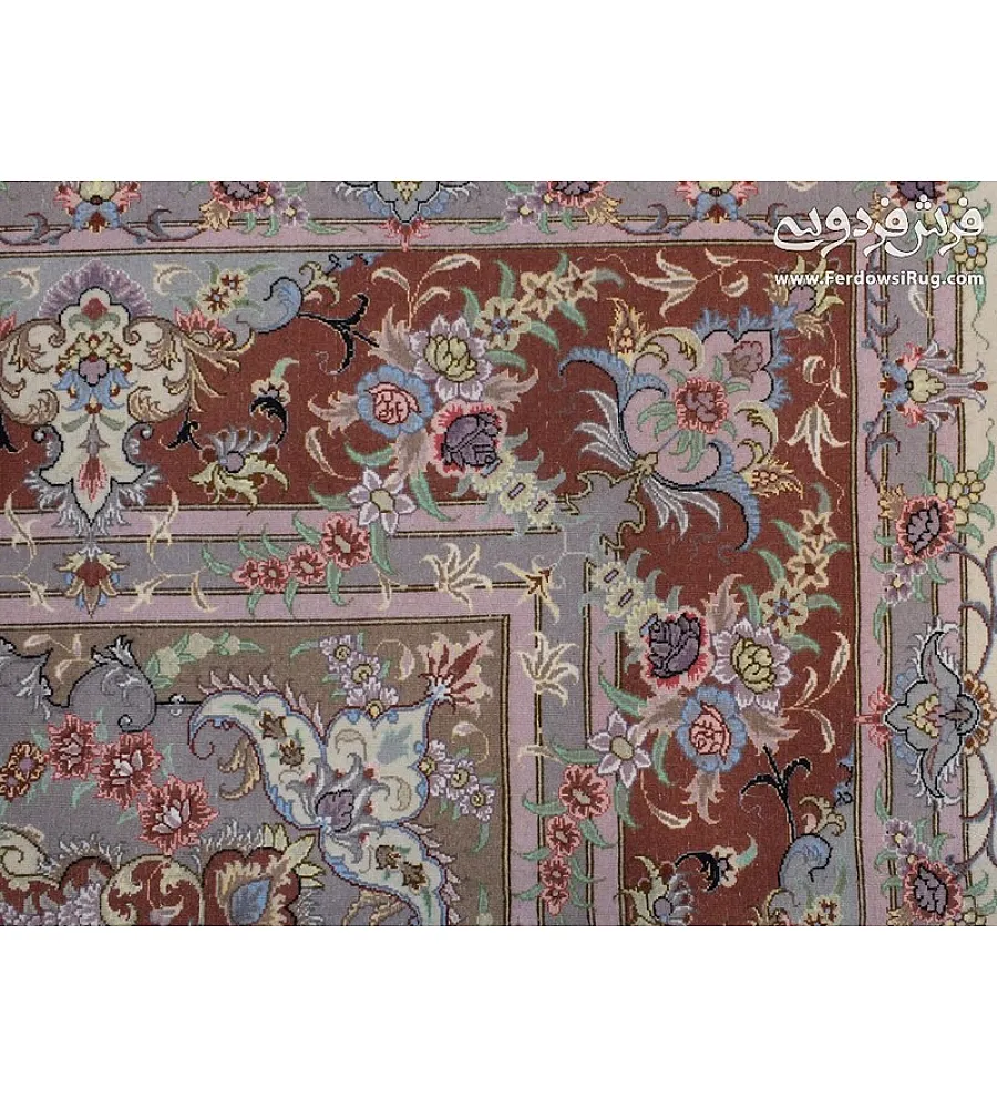 فرش دستباف تبریز 9 متری جفتی نقشه علیزاده با حاشیه مسی طرح سنتی مناسب دکوراسیون کلاسیک و لوکس