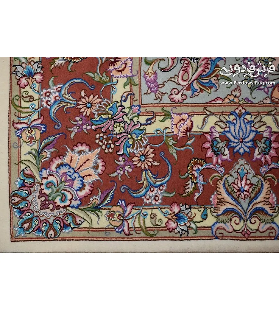 فرش دستباف مشهد طرح علیزاده کرم حاشیه مسی، جفت 9متری مناسب دکوراسیون کلاسیک، کیفیت بالا و دوام طولانی