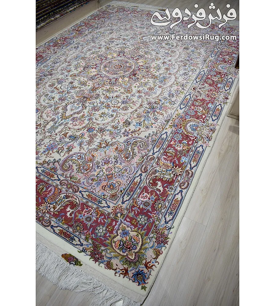 فرش دستباف طرح علیزاده رنگ کرم اندازه 9متری با کیفیت بالا تولید مشهد مناسب دکوراسیون کلاسیک و فضای پذیرایی