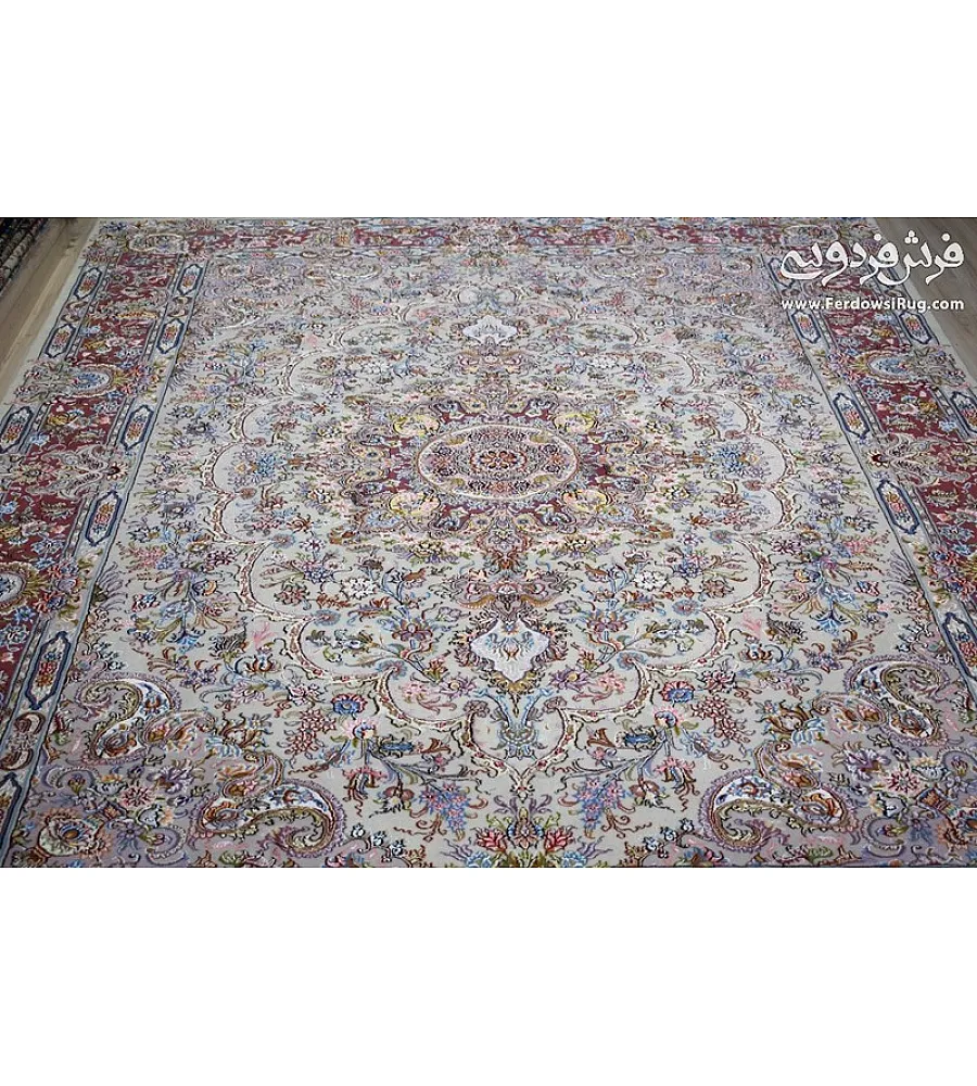 فرش دستباف طرح علیزاده رنگ کرم اندازه 9متری با کیفیت بالا تولید مشهد مناسب دکوراسیون کلاسیک و فضای پذیرایی