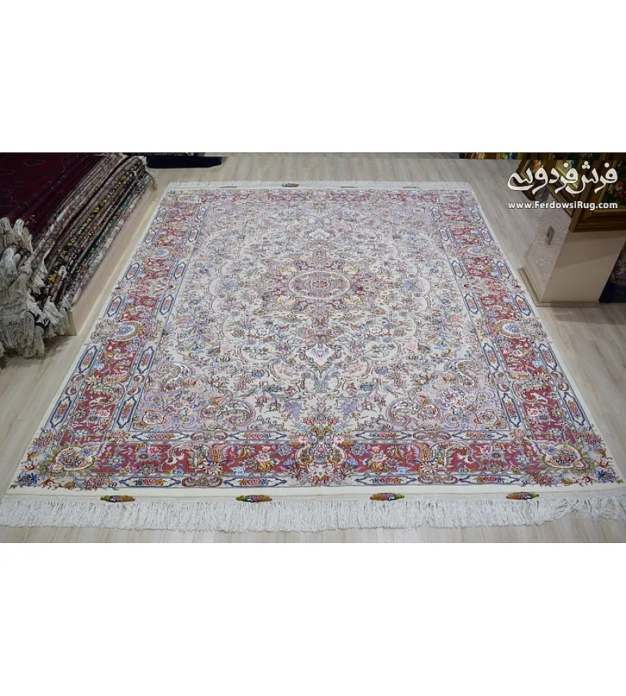 فرش دستباف طرح علیزاده رنگ کرم اندازه 9متری با کیفیت بالا تولید مشهد مناسب دکوراسیون کلاسیک و فضای پذیرایی