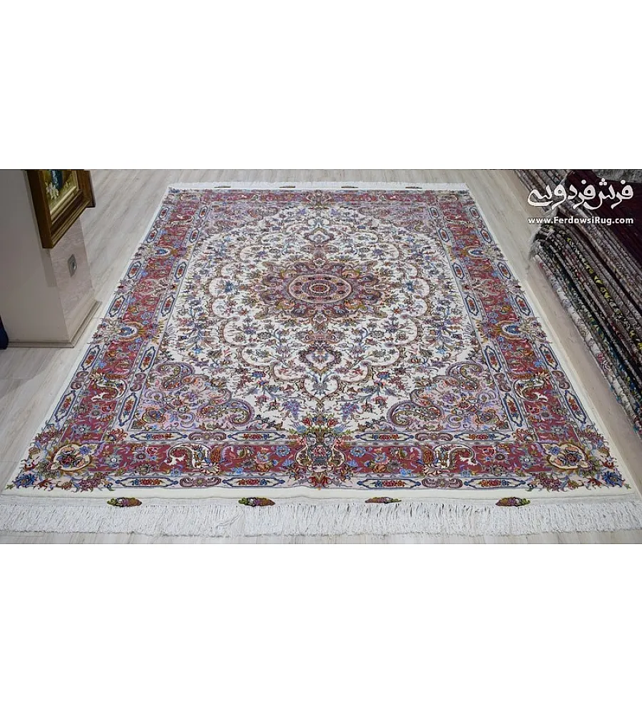 فرش دستباف طرح علیزاده رنگ کرم اندازه 9متری با کیفیت بالا تولید مشهد مناسب دکوراسیون کلاسیک و فضای پذیرایی