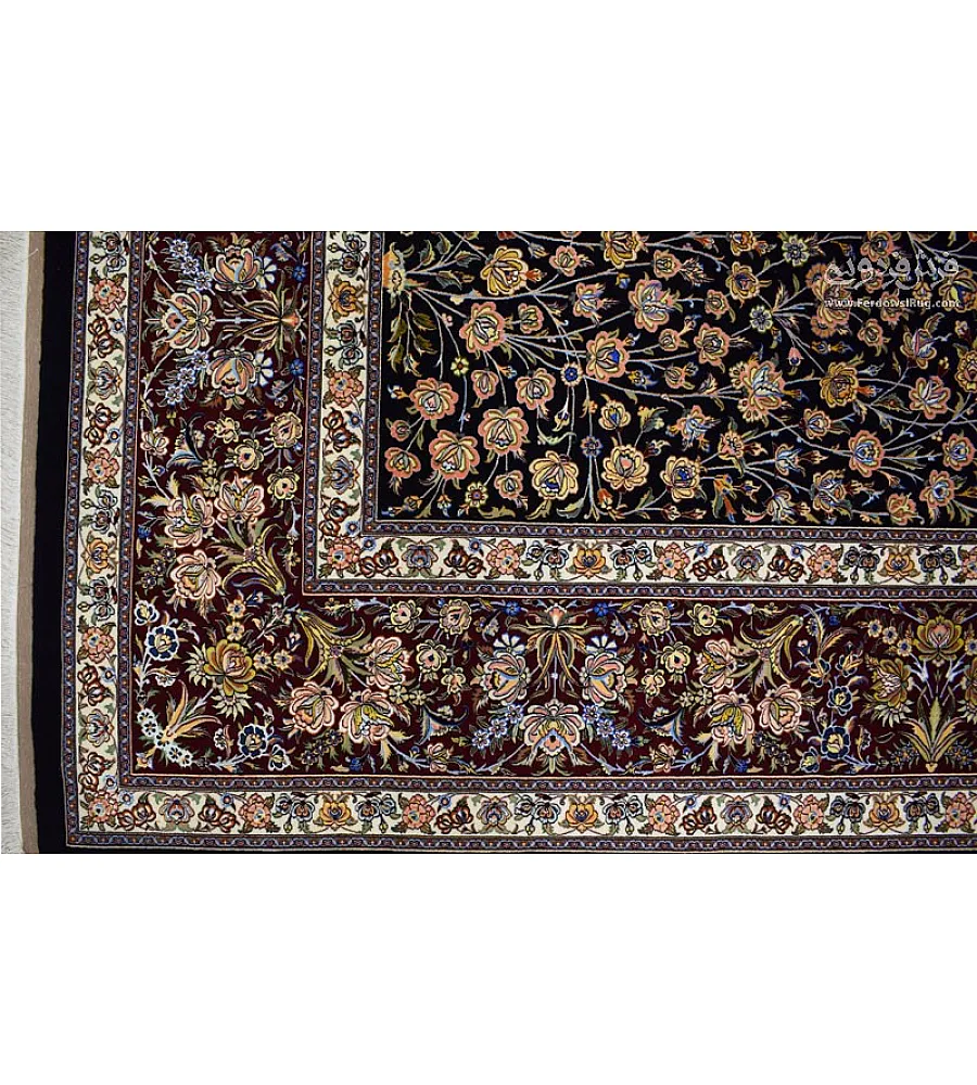 فرش دستباف 9 متری نقشه صابر طرح باغ بهشت بافت مشهد رنگ های طبیعی و کیفیت بالا مناسب دکوراسیون کلاسیک و سنتی