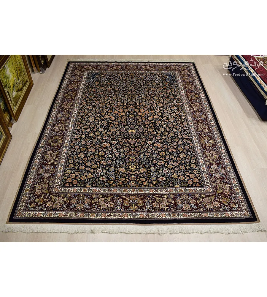 فرش دستباف 9 متری نقشه صابر طرح باغ بهشت بافت مشهد رنگ های طبیعی و کیفیت بالا مناسب دکوراسیون کلاسیک و سنتی