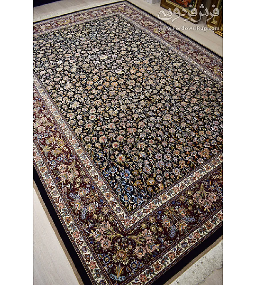 فرش دستباف 9 متری نقشه صابر طرح باغ بهشت بافت مشهد رنگ های طبیعی و کیفیت بالا مناسب دکوراسیون کلاسیک و سنتی