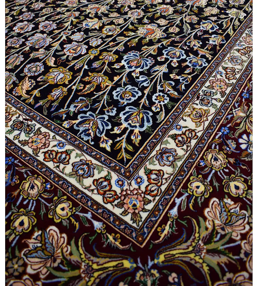 فرش دستباف 9 متری نقشه صابر طرح باغ بهشت بافت مشهد رنگ های طبیعی و کیفیت بالا مناسب دکوراسیون کلاسیک و سنتی