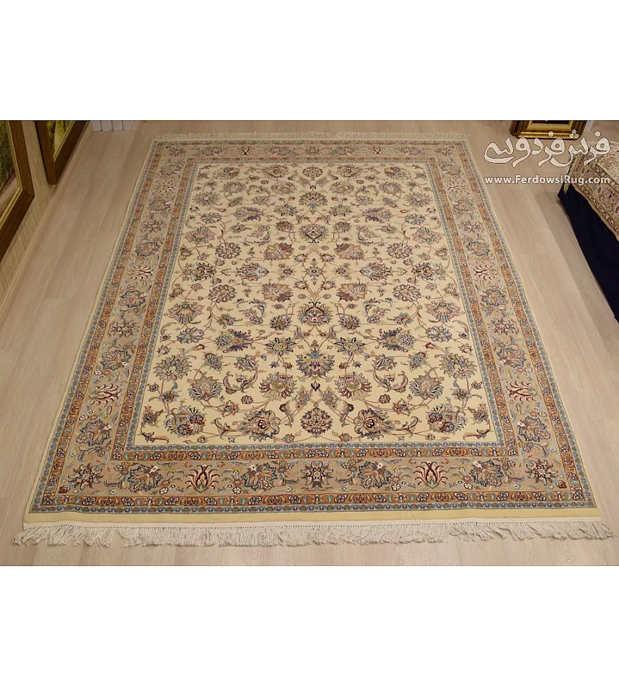 Handwoven 9-meter carpet with intricate Afshan Mashhad design, crafted with a cotton warp, perfect for elegant home decor.