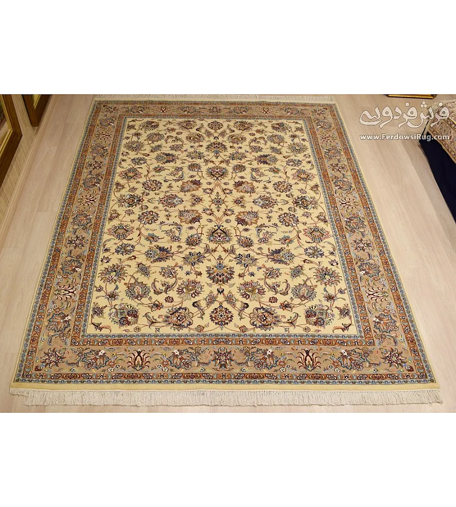Handwoven 9-meter carpet with intricate Afshan Mashhad design, crafted with a cotton warp, perfect for elegant home decor.