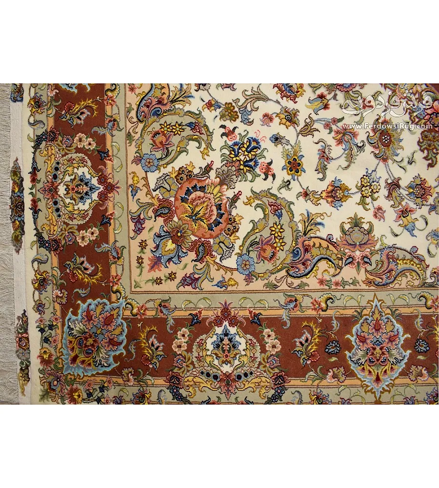 فرش دستباف 9 متری جفت طرح خطیبی کرم ساخت مشهد مناسب دکوراسیون کلاسیک و مدرن با کیفیت بالا