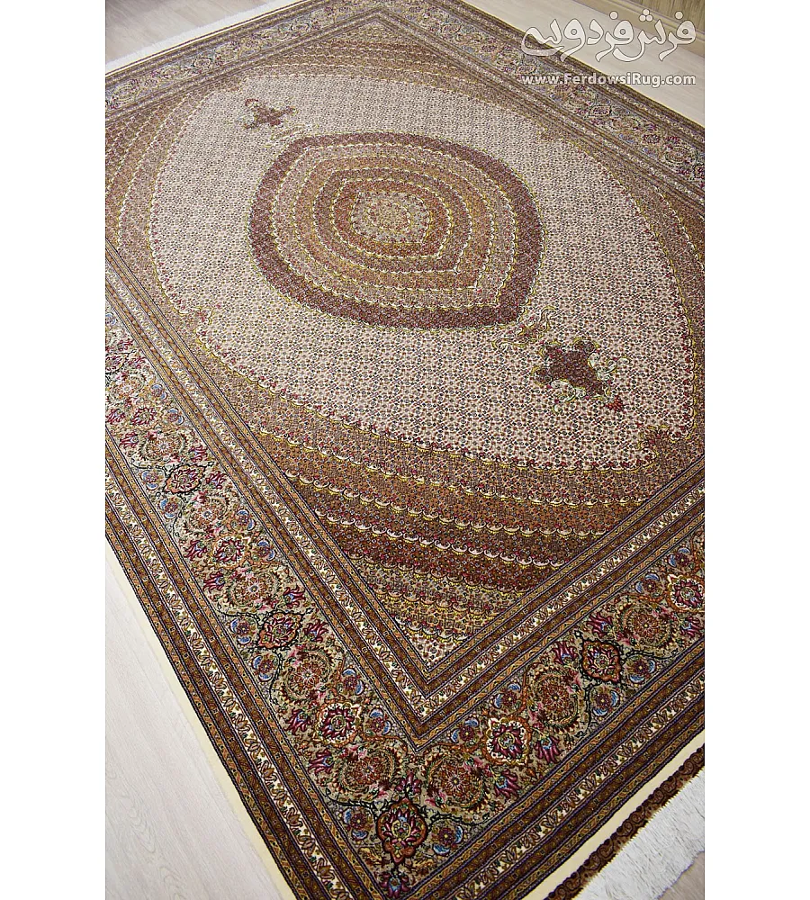 Handmade 9-meter carpet with Abdollahi fine fish design, crafted in Tabriz weave, showcasing intricate patterns and premium quality.