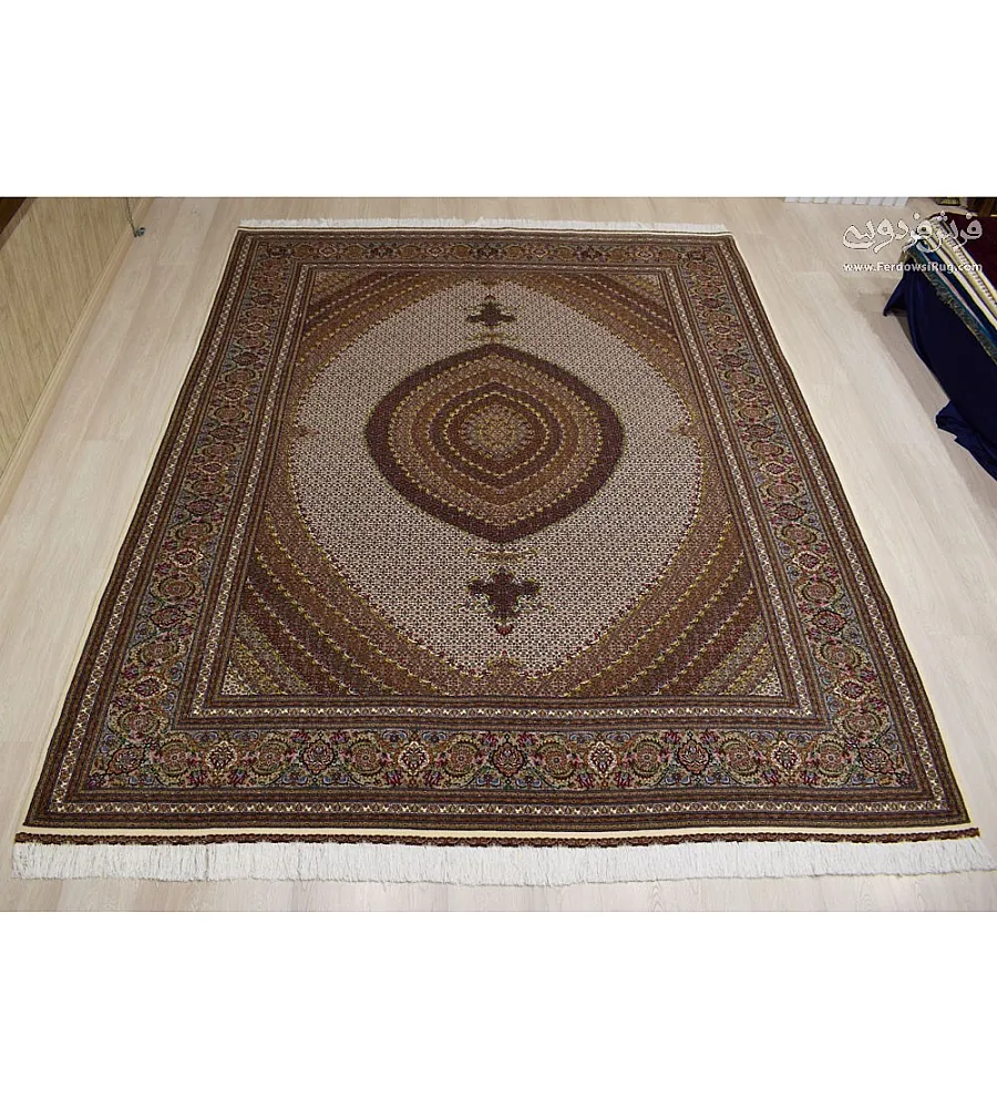 Handmade 9-meter carpet with Abdollahi fine fish design, crafted in Tabriz weave, showcasing intricate patterns and premium quality.