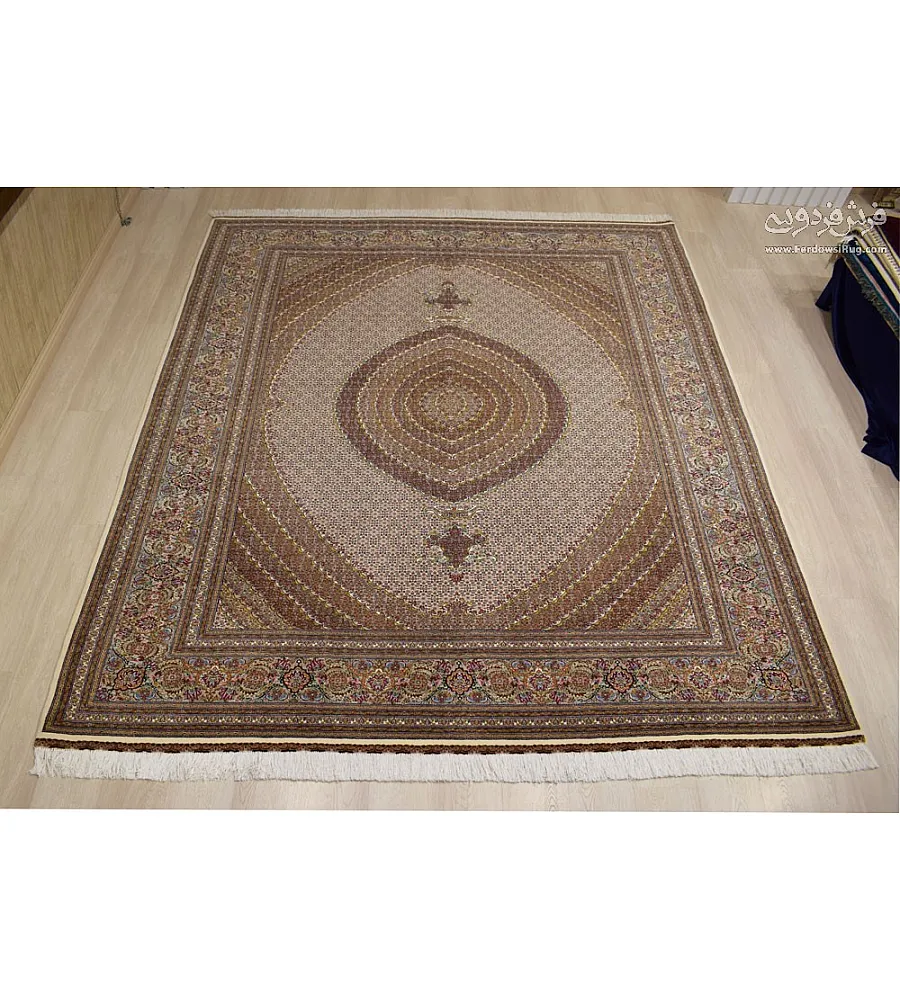 Handmade 9-meter carpet with Abdollahi fine fish design, crafted in Tabriz weave, showcasing intricate patterns and premium quality.