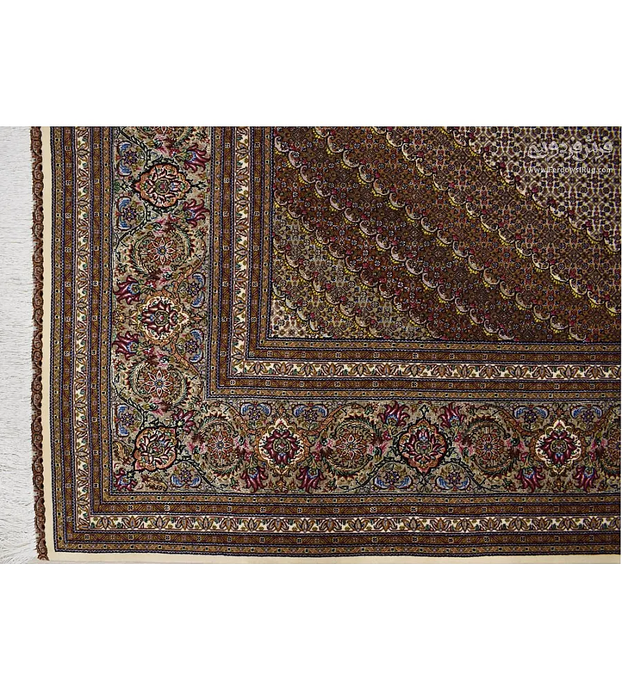 Handmade 9-meter carpet with Abdollahi fine fish design, crafted in Tabriz weave, showcasing intricate patterns and premium quality.