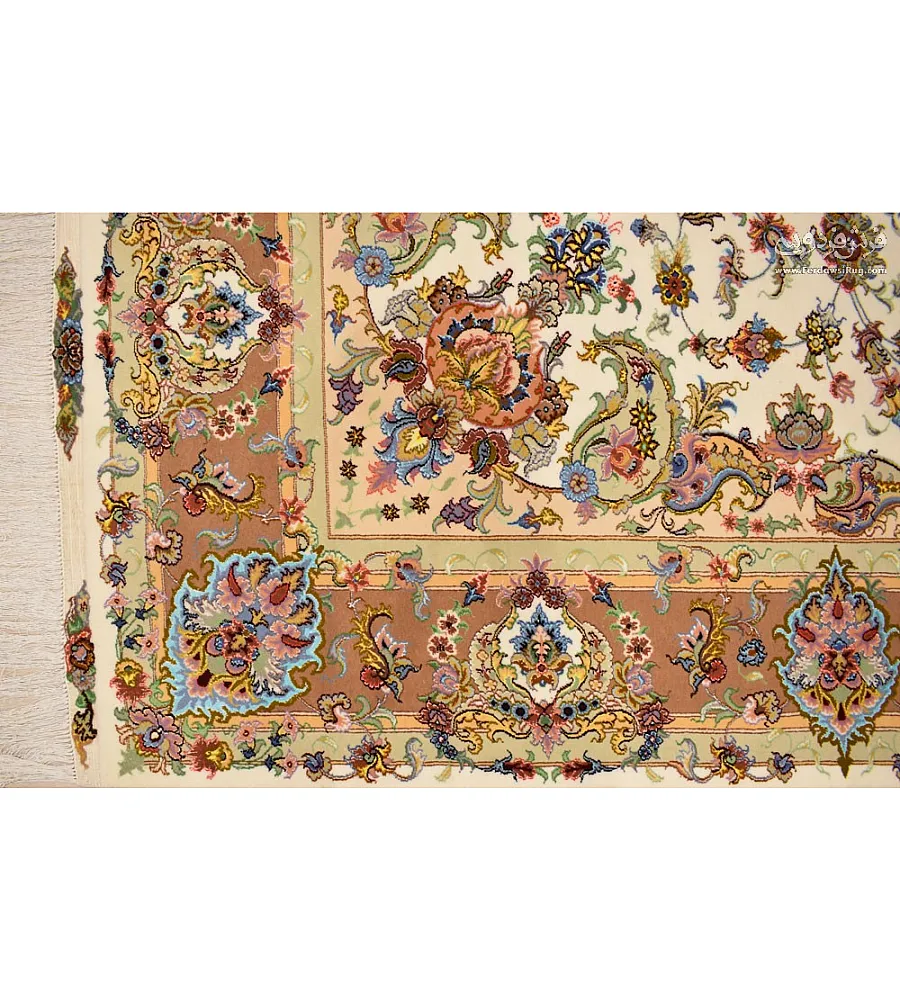Pair of 9-meter handwoven carpets, Khatibi design, cream Lachak Toranj pattern, crafted in Mashhad, ideal for elegant home decor.