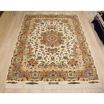 Handwoven 9-meter paired carpet, Khatibi design, cream Lachak Toranj Mashhad