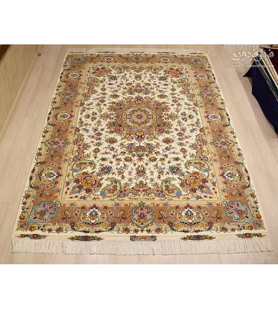Pair of 9-meter handwoven carpets, Khatibi design, cream Lachak Toranj pattern, crafted in Mashhad, ideal for elegant home decor.