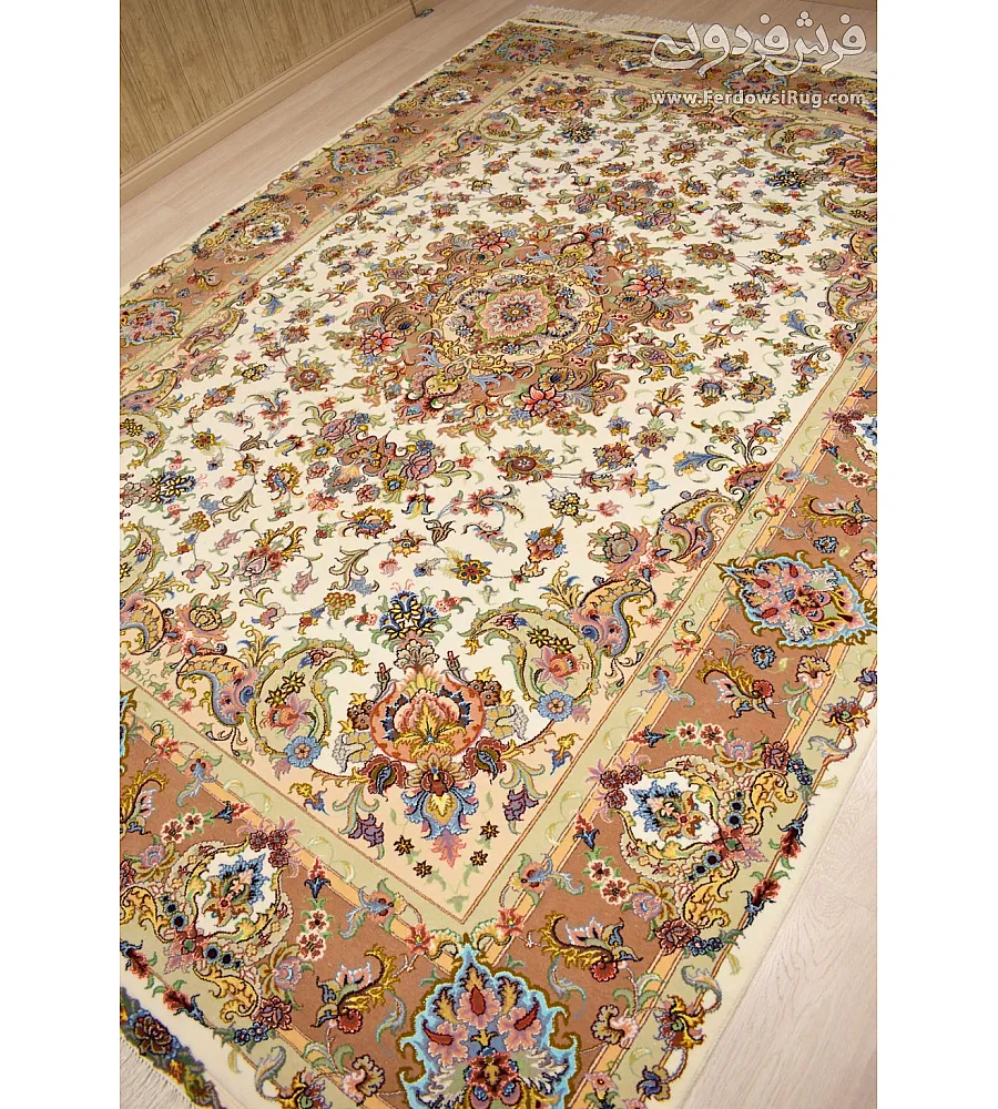 Pair of 9-meter handwoven carpets, Khatibi design, cream Lachak Toranj pattern, crafted in Mashhad, ideal for elegant home decor.