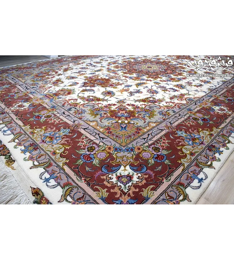 فرش دستباف طرح علیزاده کرم 9متری جفت بافت مشهد مناسب دکوراسیون کلاسیک و سنتی