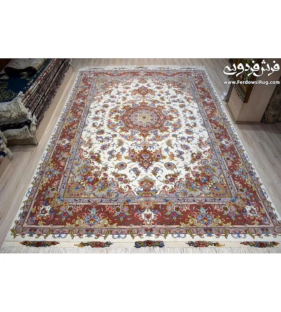 فرش دستباف طرح علیزاده کرم 9متری جفت بافت مشهد مناسب دکوراسیون کلاسیک و سنتی