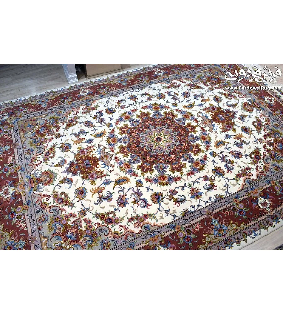 فرش دستباف طرح علیزاده کرم 9متری جفت بافت مشهد مناسب دکوراسیون کلاسیک و سنتی