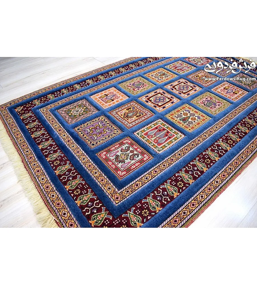 Blue hand-woven carpet rug with intricate clay pattern, Mashhad texture, perfect for home decor and traditional interior styling.