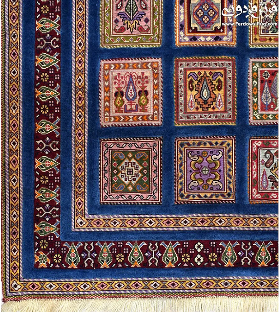 Blue hand-woven carpet rug with intricate clay pattern, Mashhad texture, perfect for home decor and traditional interior styling.