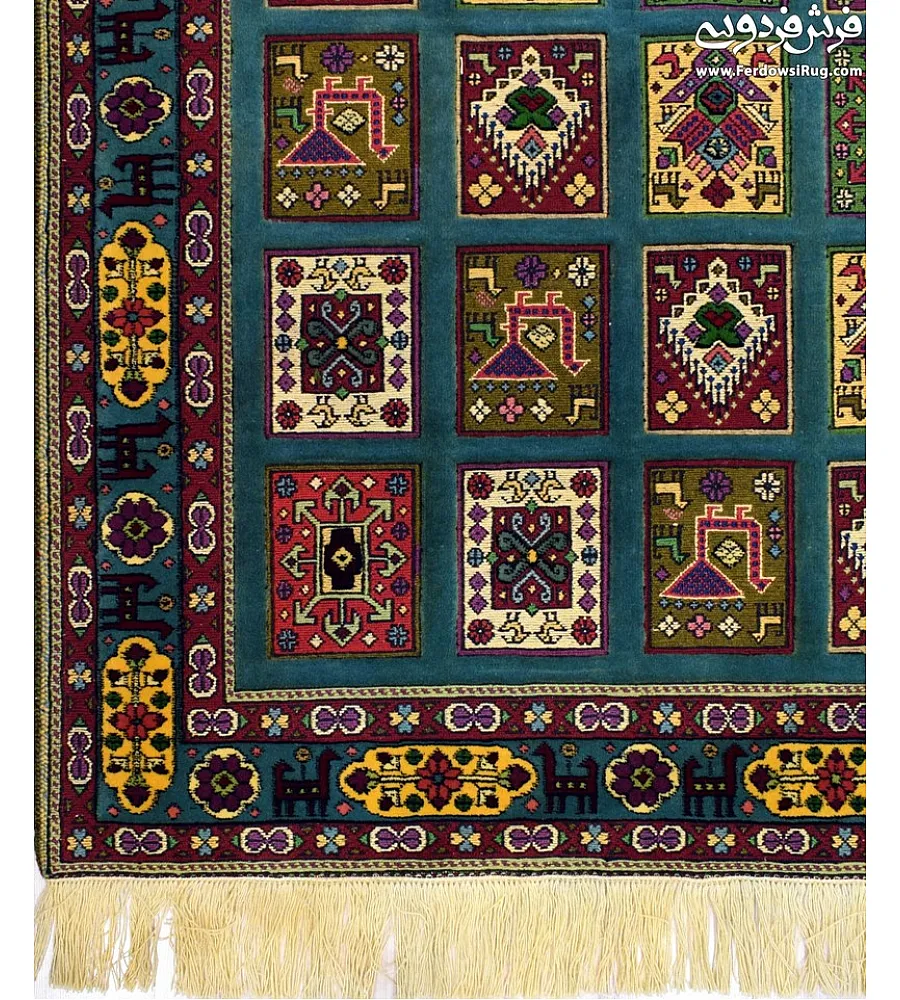 Green hand-woven clay carpet rug with intricate Mashhad texture, perfect for adding elegance and warmth to home interiors.