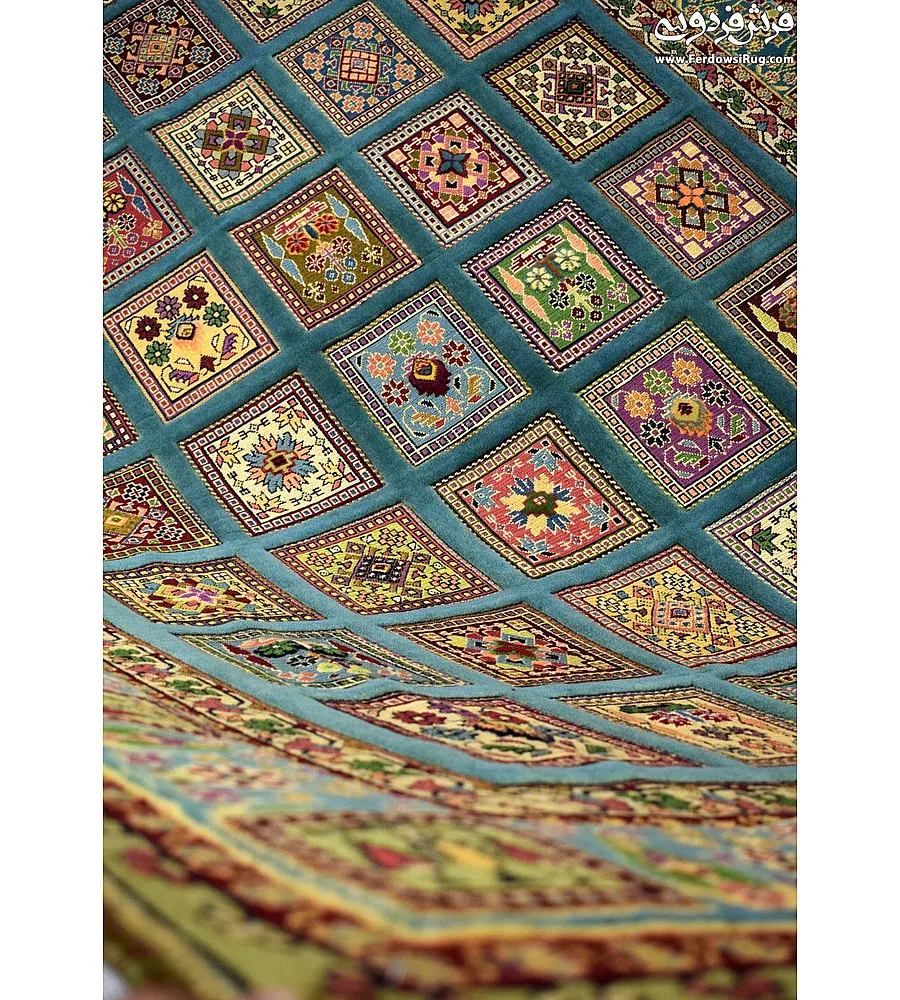 Hand-woven clay rug with pistachio border, Mashhad texture, perfect for home decor and adding a touch of elegance to any space.