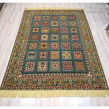 Clay hand-woven rug with pistachio border,mashhad texture