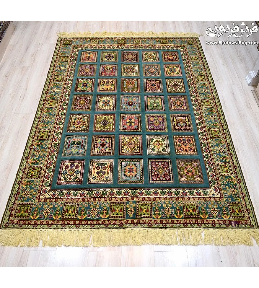 Hand-woven clay rug with pistachio border, Mashhad texture, perfect for home decor and adding a touch of elegance to any space.