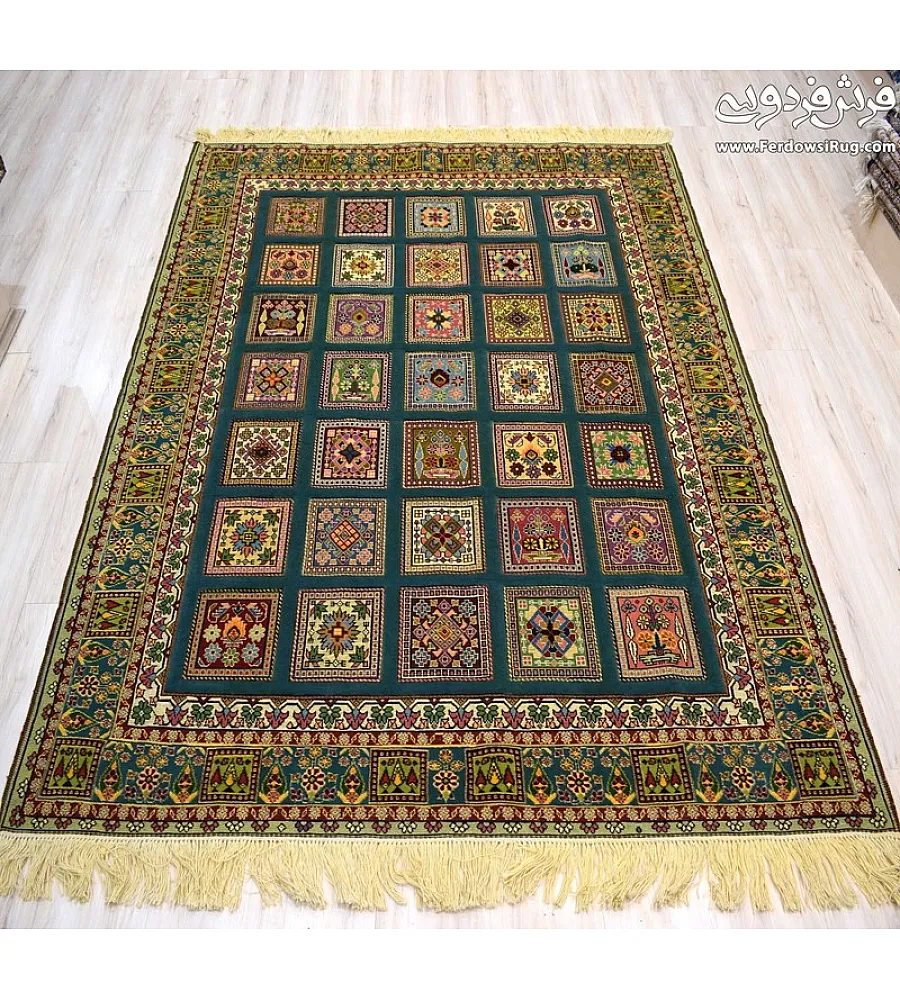 Hand-woven clay rug with pistachio border, Mashhad texture, perfect for home decor and adding a touch of elegance to any space.