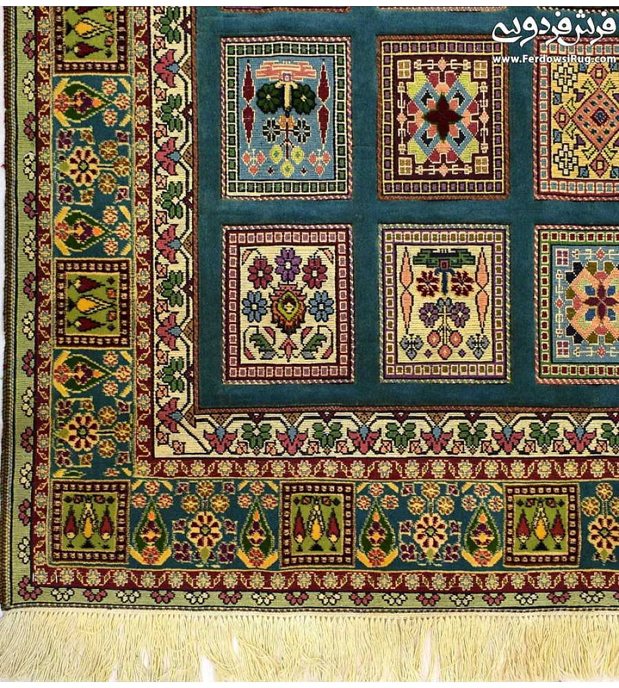 Hand-woven clay rug with pistachio border, Mashhad texture, perfect for home decor and adding a touch of elegance to any space.