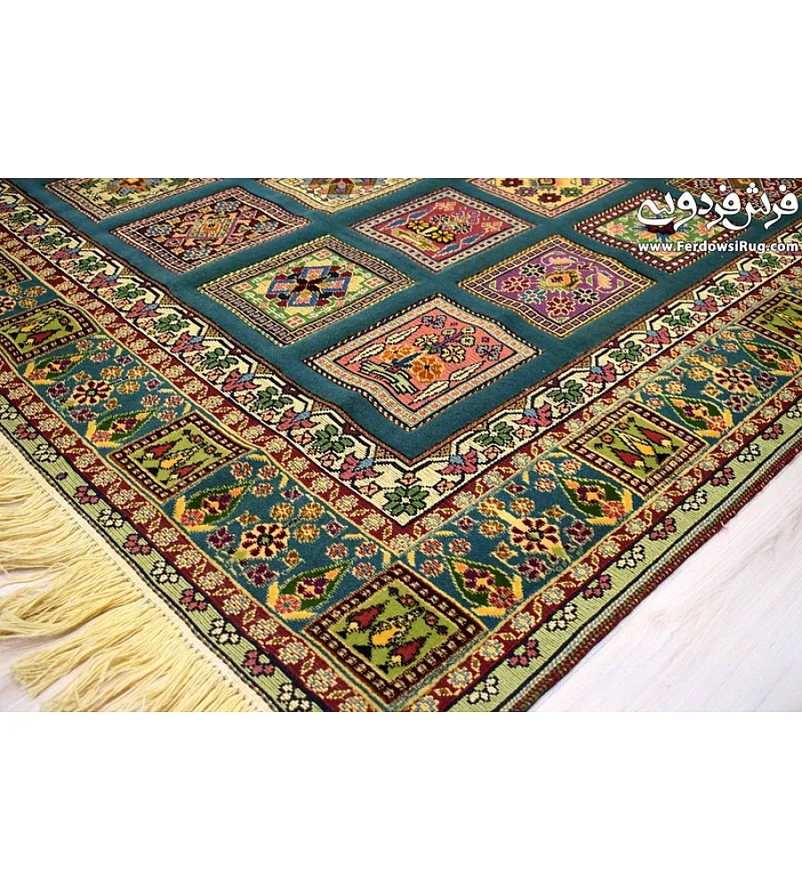 Hand-woven clay rug with pistachio border, Mashhad texture, perfect for home decor and adding a touch of elegance to any space.