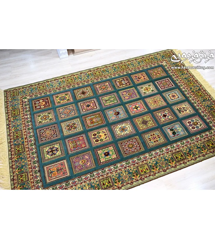 Hand-woven clay rug with pistachio border, Mashhad texture, perfect for home decor and adding a touch of elegance to any space.