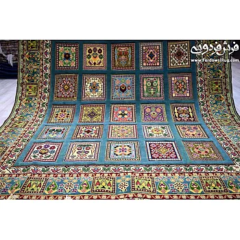 Clay hand-woven rug with pistachio border,mashhad texture