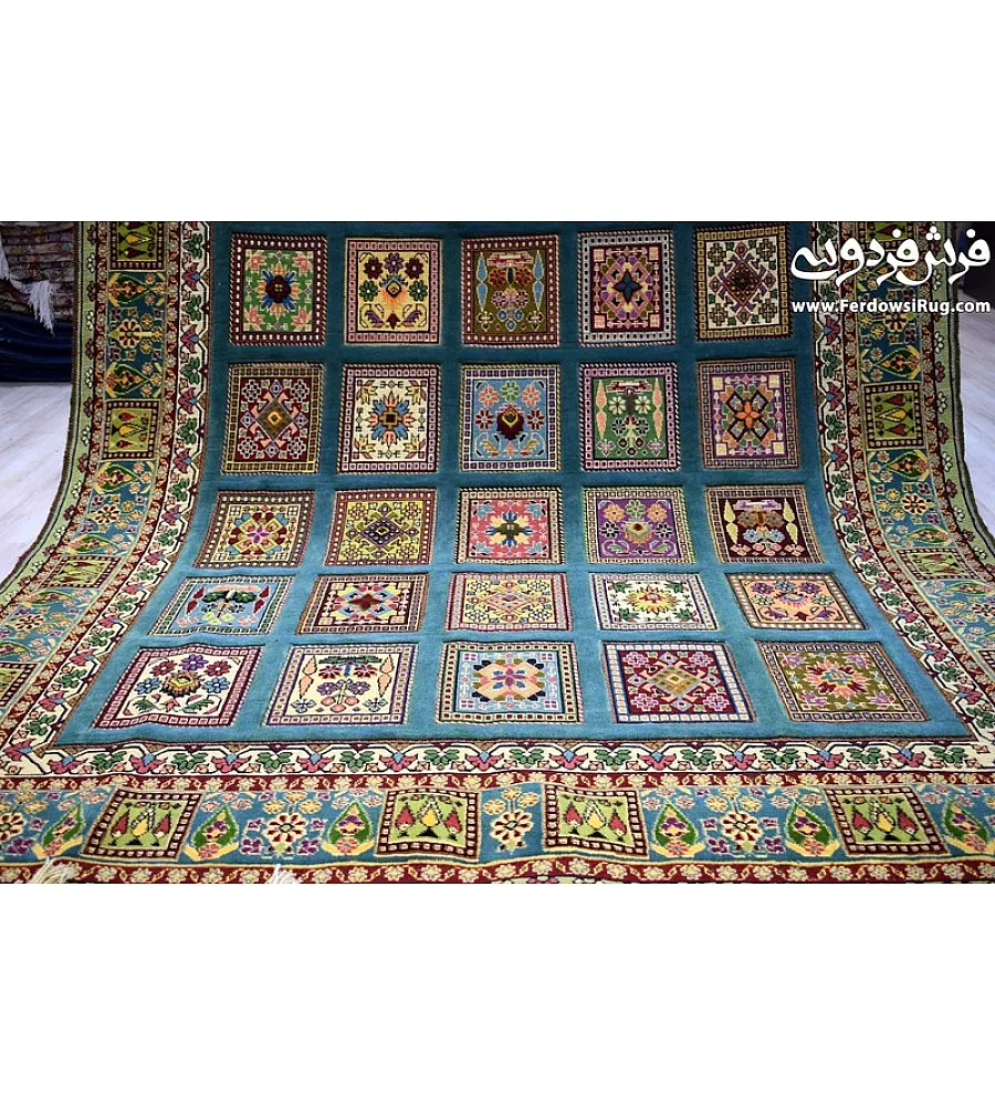 Hand-woven clay rug with pistachio border, Mashhad texture, perfect for home decor and adding a touch of elegance to any space.