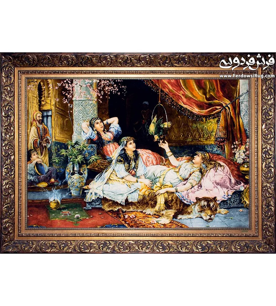 تابلو فرش دستباف تبریز طرح شهرزاد قصه گو رنگ های زنده نقش پیچیده استفاده در دکوراسیون منزل یا هدیه خاص