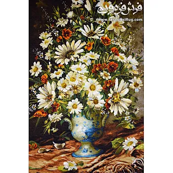 تابلو فرش دستباف طرح گلدان آبی بافت تبریز
