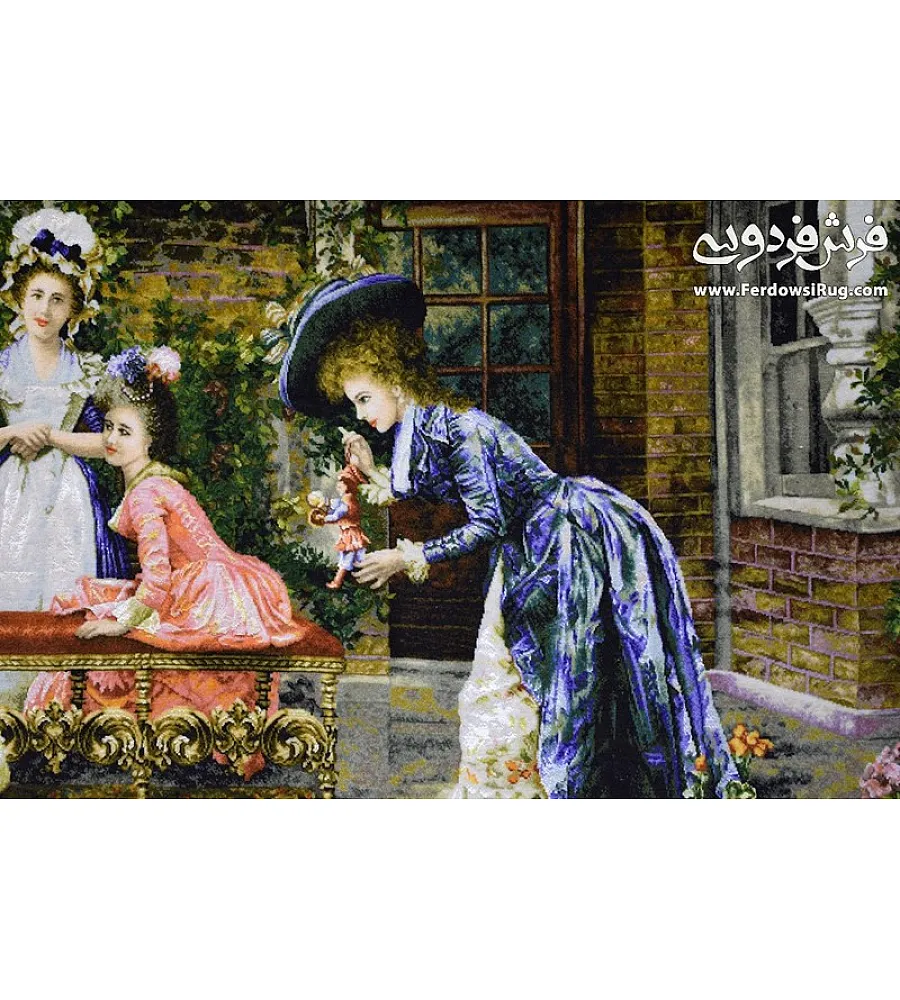 تابلو فرش دستباف طرح عصرانه فرانسوی بافت تبریز با رنگ های گرم و نخ ابریشم مناسب دکوراسیون کلاسیک و لوکس