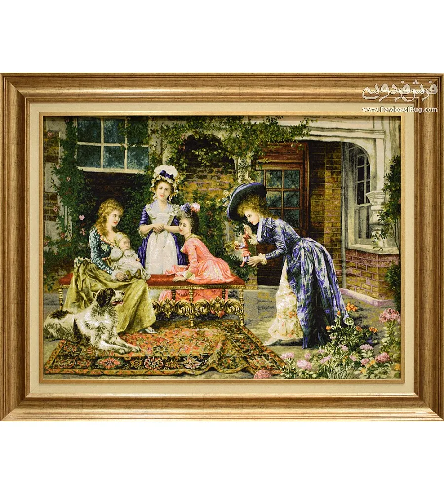 تابلو فرش دستباف طرح عصرانه فرانسوی بافت تبریز با رنگ های گرم و نخ ابریشم مناسب دکوراسیون کلاسیک و لوکس