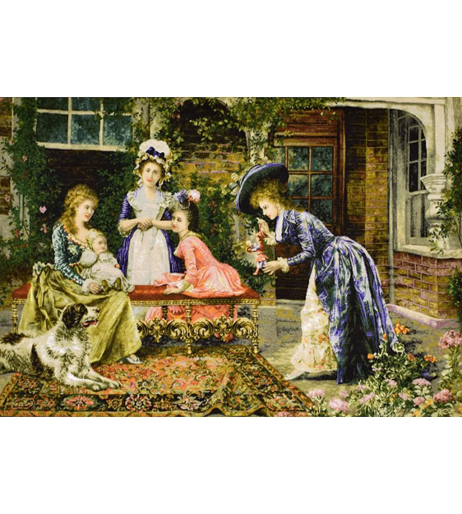 تابلو فرش دستباف طرح عصرانه فرانسوی بافت تبریز با رنگ های گرم و نخ ابریشم مناسب دکوراسیون کلاسیک و لوکس