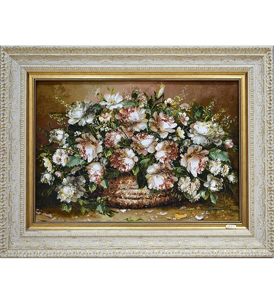 تابلو فرش دستباف تبریز طرح سبد گل اشرافی با رنگ های زنده و کیفیت بالا مناسب دکوراسیون کلاسیک
