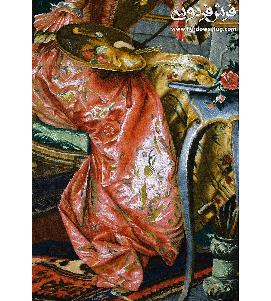 Handwoven wall carpet with intricate Tabriz group design, elegant craftsmanship, perfect for home decor or artistic interior styling.