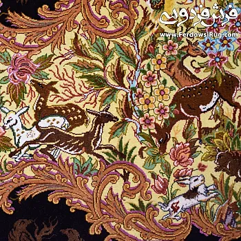 تابلو فرش دستباف تمام ابریشم طرح باغ بهشت بافت قم