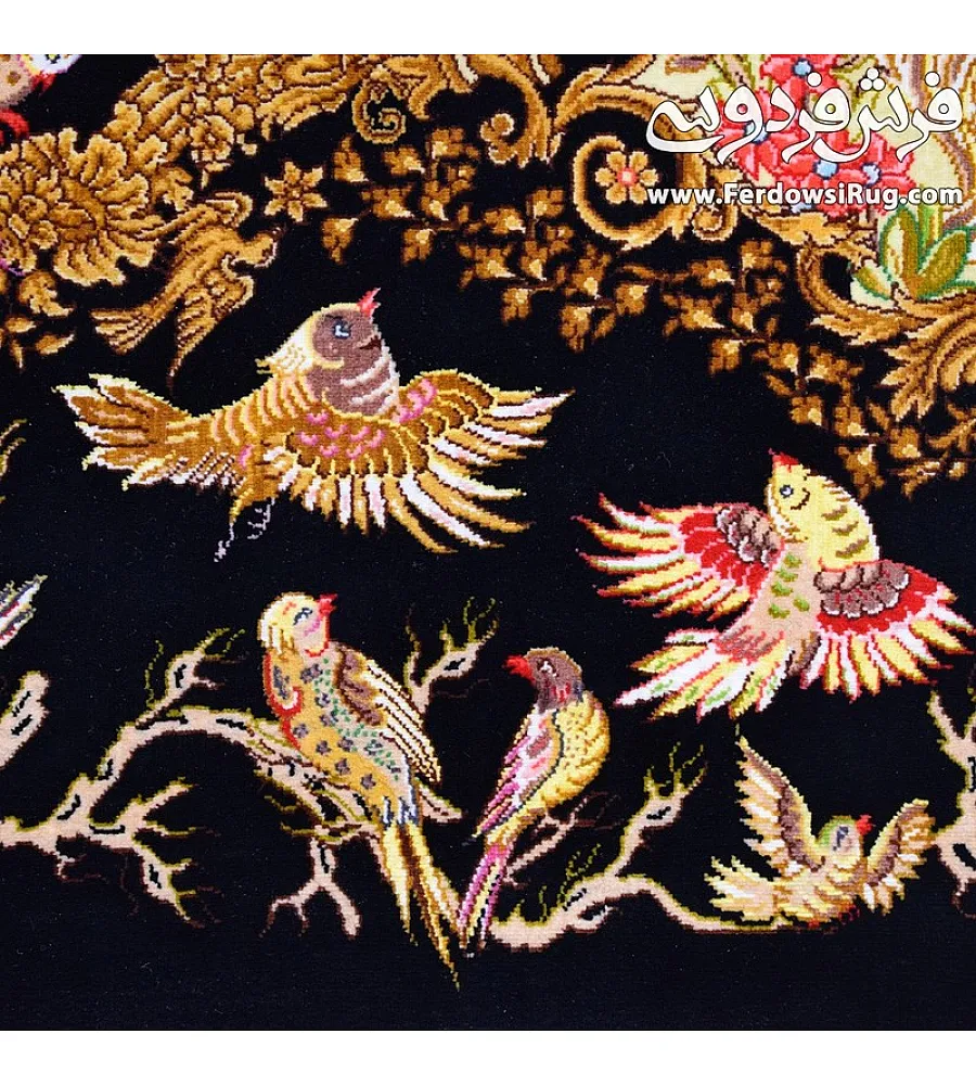 Handwoven full-silk wall carpet featuring an intricate horses design, crafted in Qom, ideal for elegant home decor and luxury spaces.