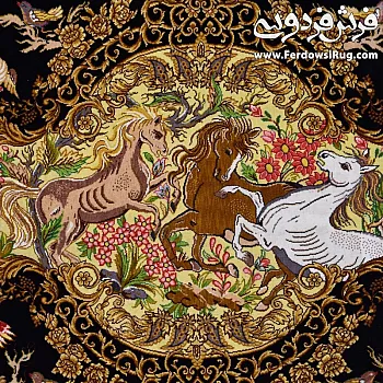 تابلو فرش تمام ابریشم طرح اسب‌های بهشتی بافت قم