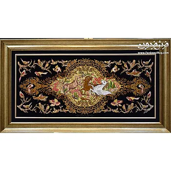 تابلو فرش تمام ابریشم طرح اسب‌های بهشتی بافت قم
